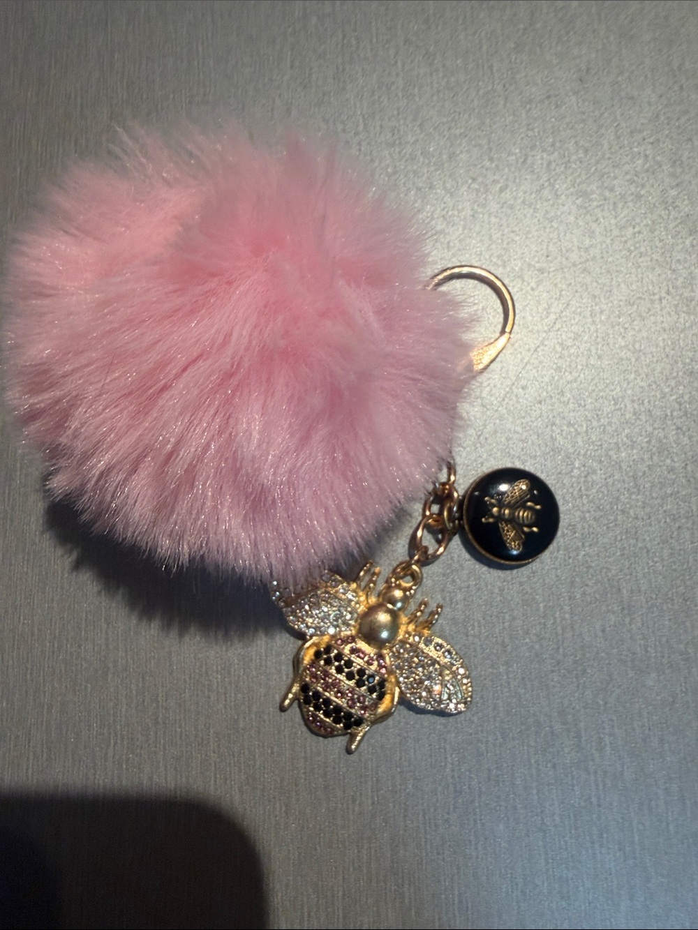 Inspired Pink Pom Pom Keychain with Gold Bee Charm